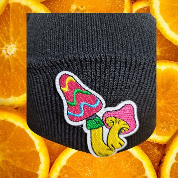 Mushroom Beanie Black Knit Hat Winter Cap Colorful Embroidered Patch‎ - Picture 5 of 5